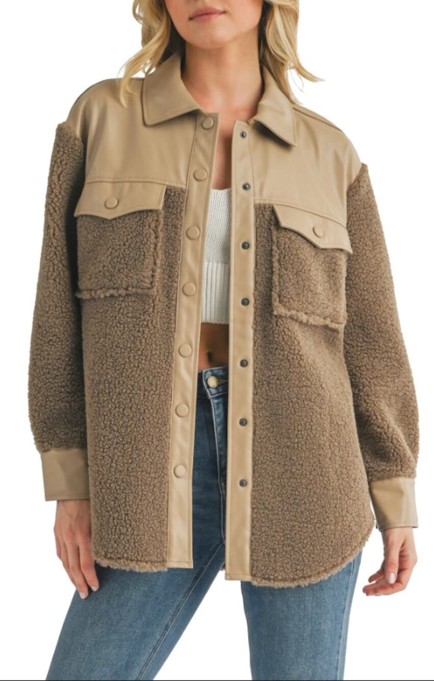 All in Favor Faux Leather Shearling Shacket M NWOT Tan Brown Jacket Top Western
